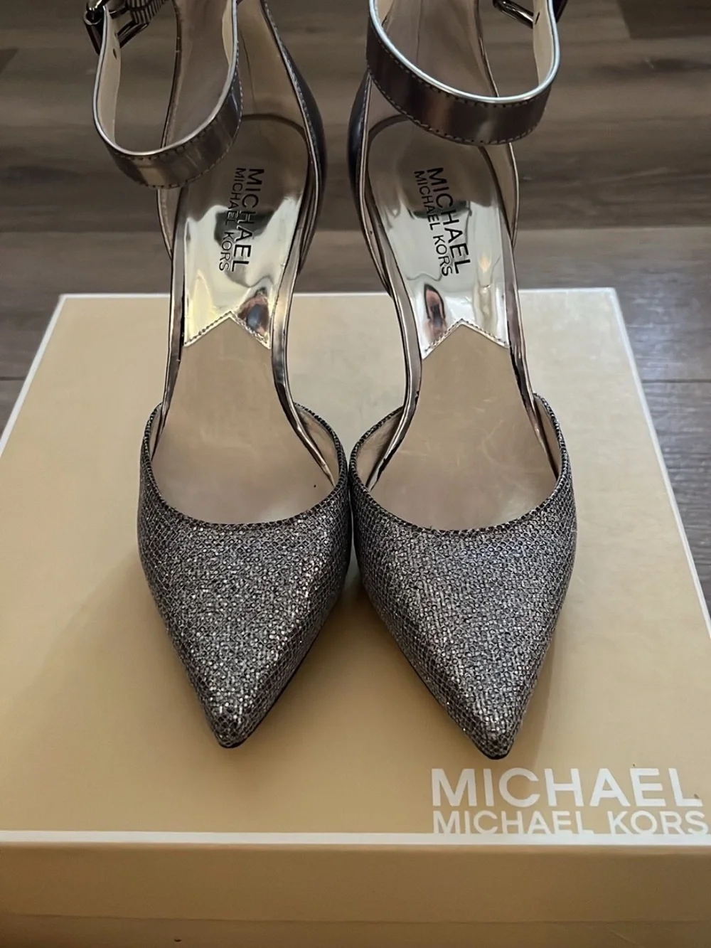 Michael Kors Silver Metallic Ankle-Strap Pointed Pump